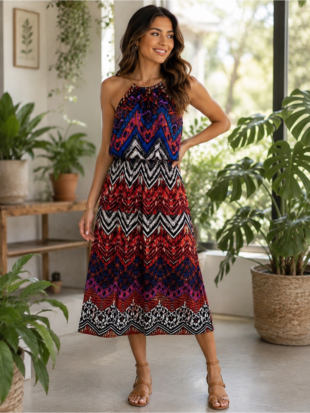 Versona Multicolor Halter Jumpsuit with Chain Accent